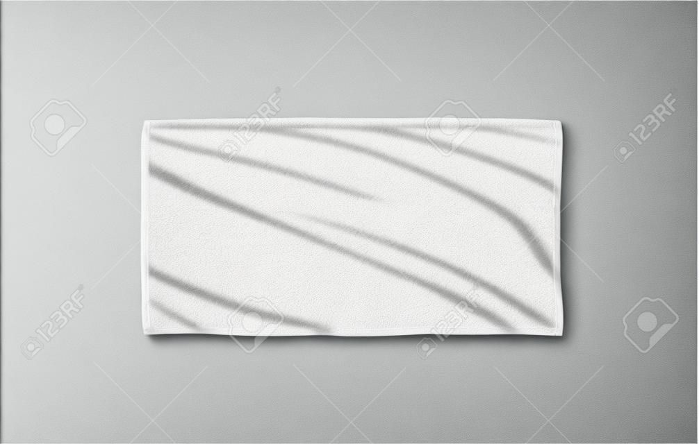 Maquette de serviette de plage douce blanc noir. Essuie-glace déplié transparent posé sur le sol. Serviette de bain en fourrure hirsute texturée vue de dessus. Modèle de superposition de cuisine en tissu domestique prêt à imprimer.