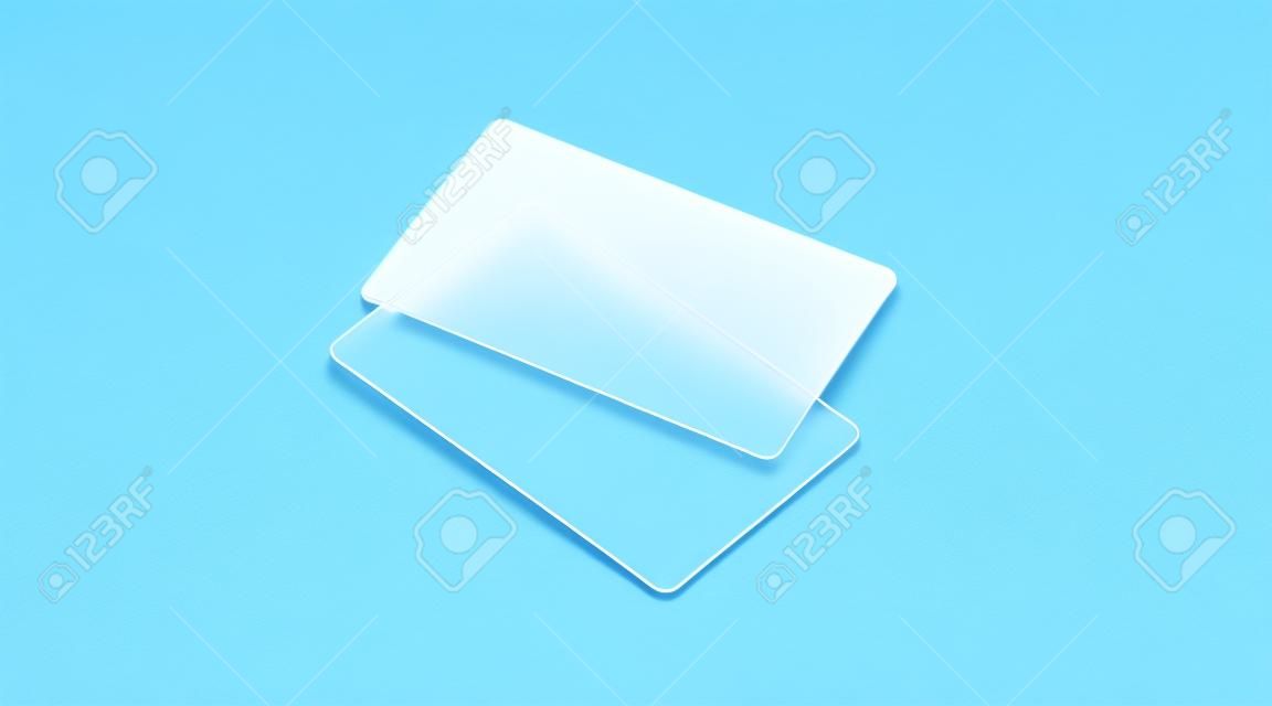 Os cartões transparentes plásticos vazios zombam acima, rendição 3d. Maquete de cartão de visita em pvc transparente com cantos arredondados.