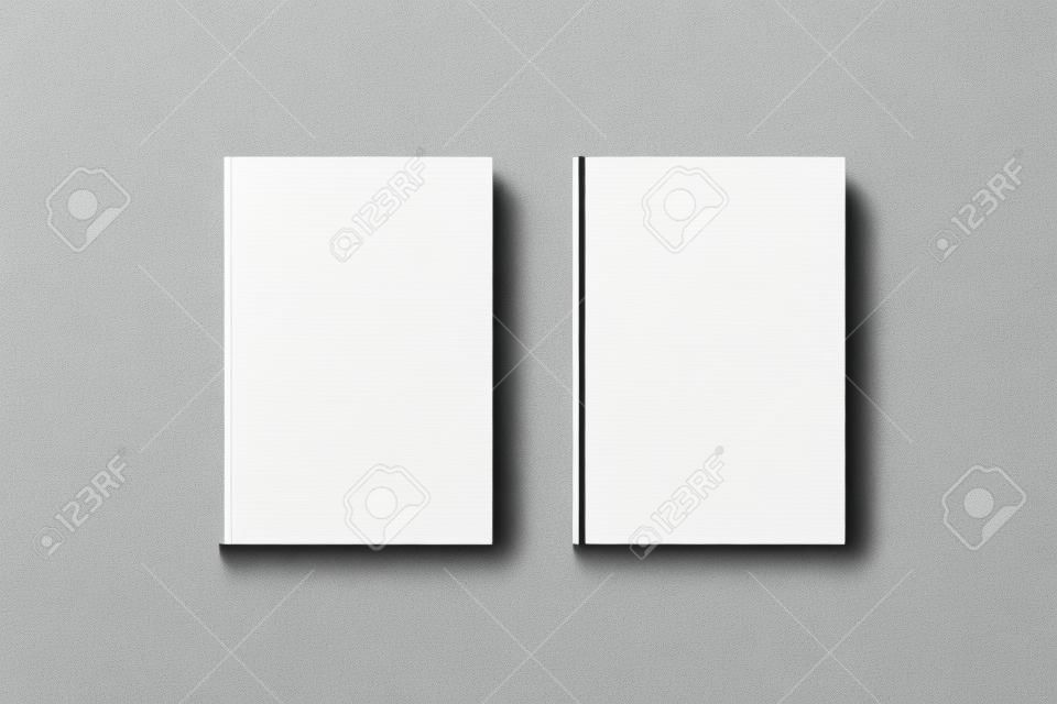 La derisione tessuta in bianco e nero in bianco dei libri della copertina dura su, vista superiore, rappresentazione 3d. Mockup di copertina vuota notebook, isolato. Modello di branding della libreria. Libri di testo tessili strutturati semplici da sopra.