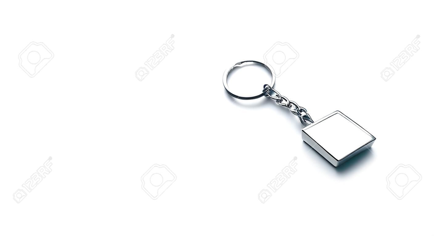 Blank metal rhombus white key chain mock up side view, 3d rendering. Clear silver keychain design mockup isolated. Empty plain keyring souvenir holder template. Steel trinket label