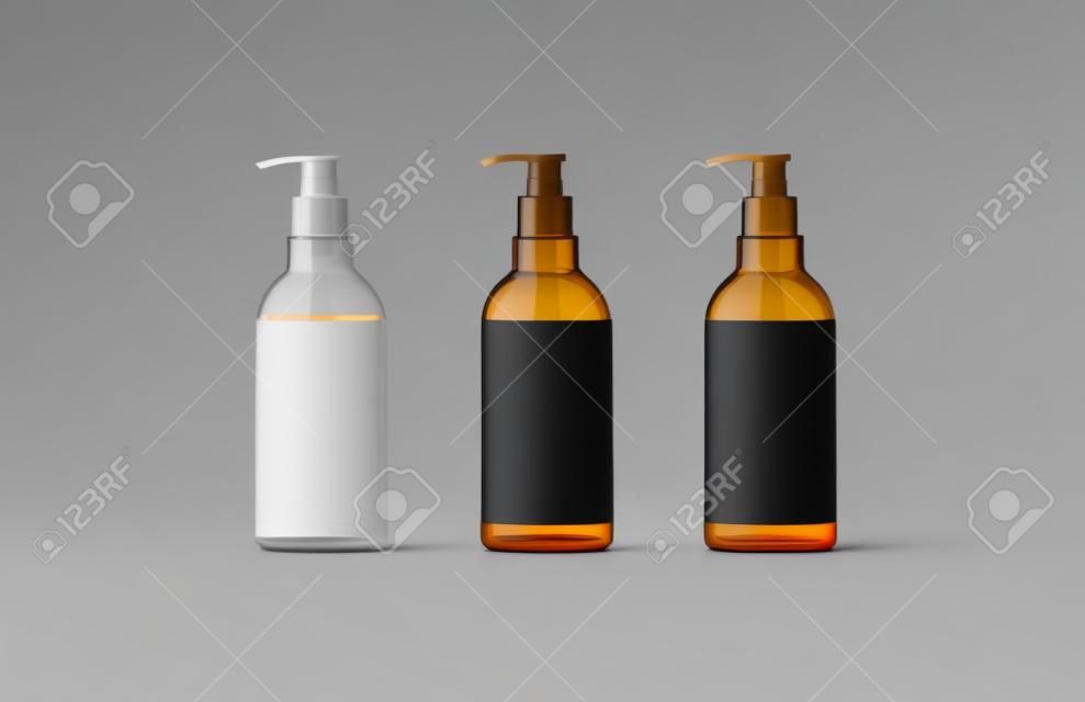 Blank transparent, amber, black glass bottle with white label mockup