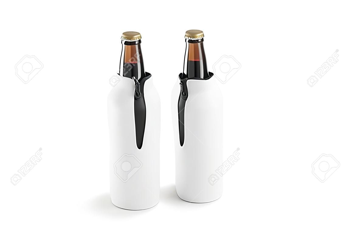 Blank white collapsible beer bottle koozie mockup stand, side view, 3d rendering