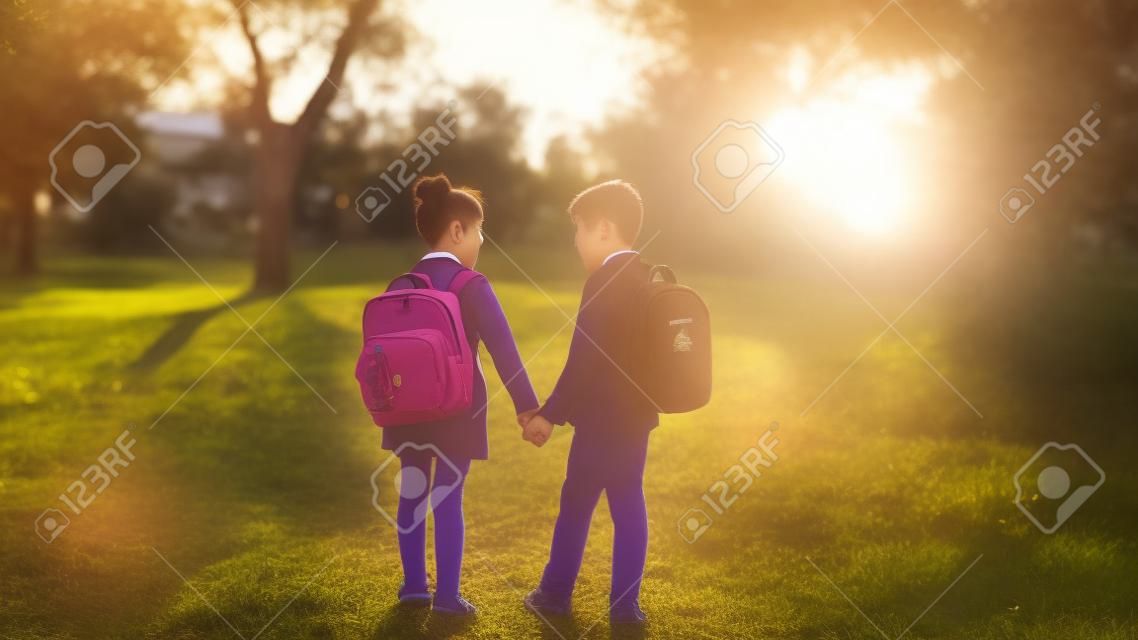 schoolkinderen, gekleed in schooluniform met schooltas, naar school gaan, buiten, bij zonsondergang