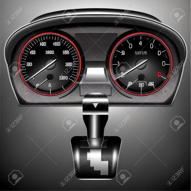 Autó műszerfal, vector kép a sebességmérő, fordulatszámmérő, sebességváltó, textúra fém