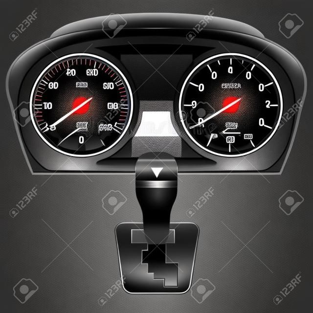 Auto-Instrumententafel, Vektor-Bild von einem Tachometer, Tachometer, Gangschaltung, Textur eines Metall