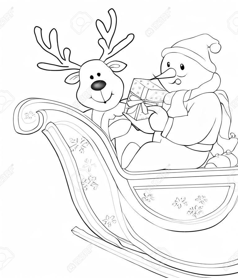 Santa, Rentier und Schneemann in einem Schlitten