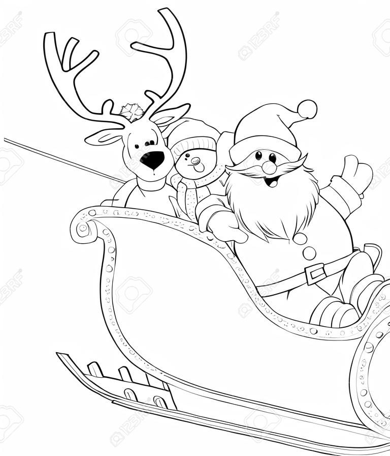 Santa, renna e pupazzo di neve in una slitta