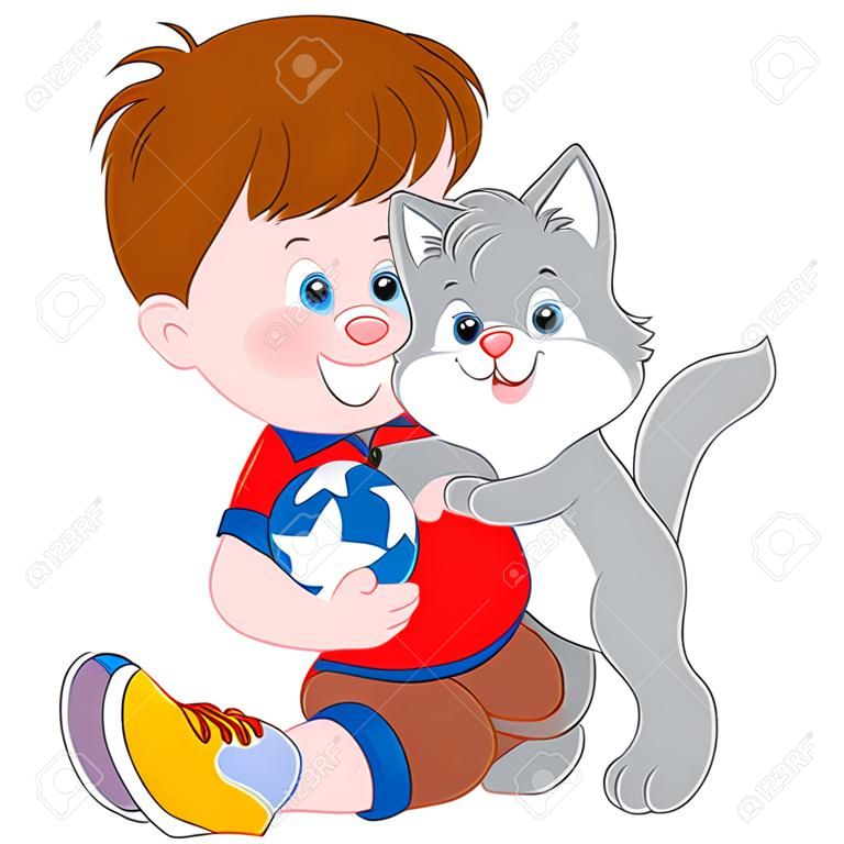 garçon joue avec son chaton gris