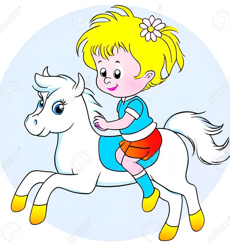 Muchacha que monta un pequeño pony blanco