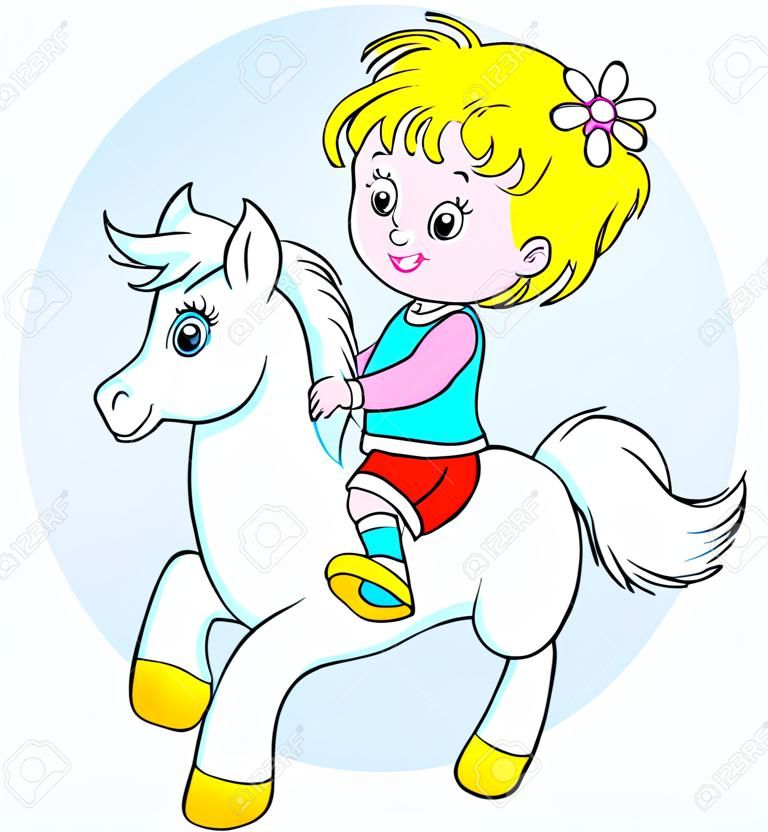 Muchacha que monta un pequeño pony blanco