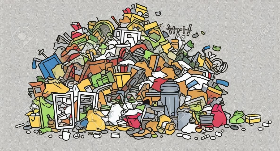 Grote hoop huishoudelijke afval, vuilniszakken en gebroken troep, zwart en wit schets vector illustratie