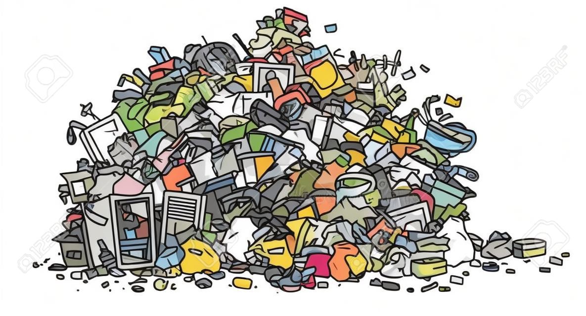 Big heap of household rubbish, trash bags and broken junk, black and white outline vector illustration