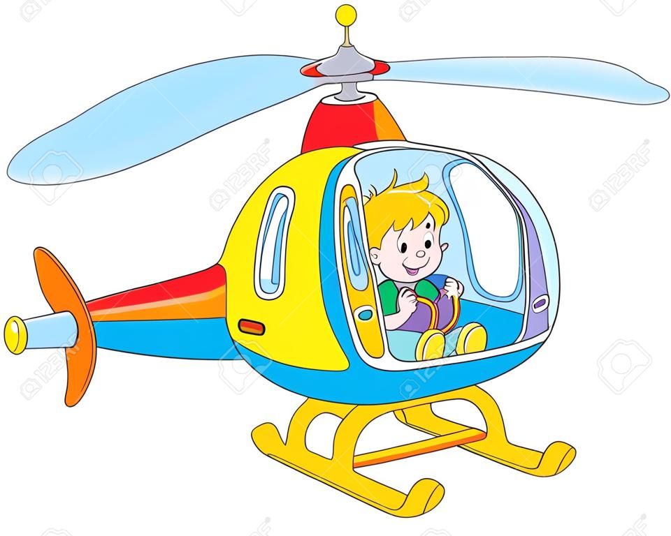 Happy little boy playing and piloting a big and colorful toy helicopter on a playground, vector cartoon illustration on a white background