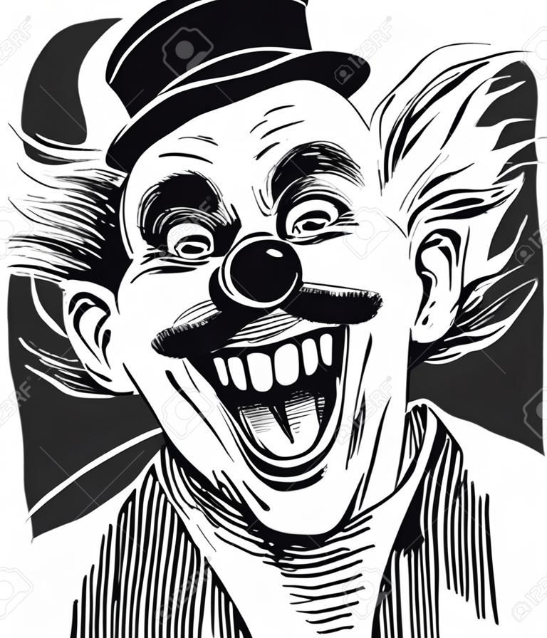 Laughing clown face. Ink black and white drawing