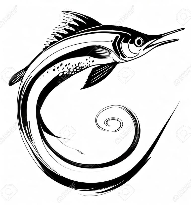 Springen zwaard vis. Inkt zwart en wit tekening