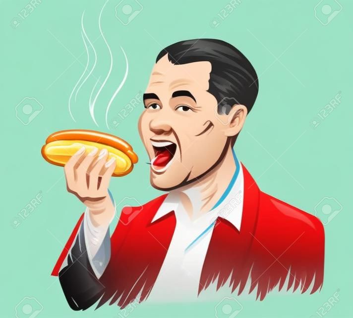 Szczęśliwy mężczyzna jedzący hot doga na białym tle
