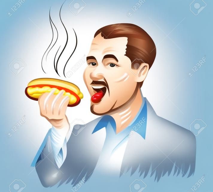 Happy man eating a hot dog isolated on white
