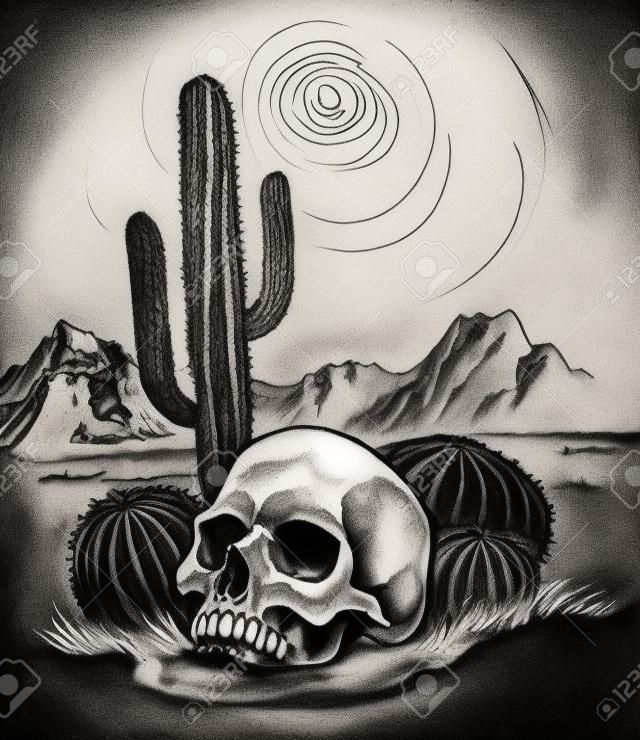 Human skull in the Mexican desert. Ink black and white drawing