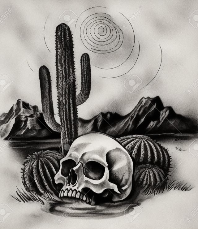 Human skull in the Mexican desert. Ink black and white drawing