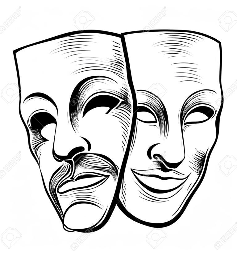 Maski teatralne. Czarno-białe rysunki atramentowe