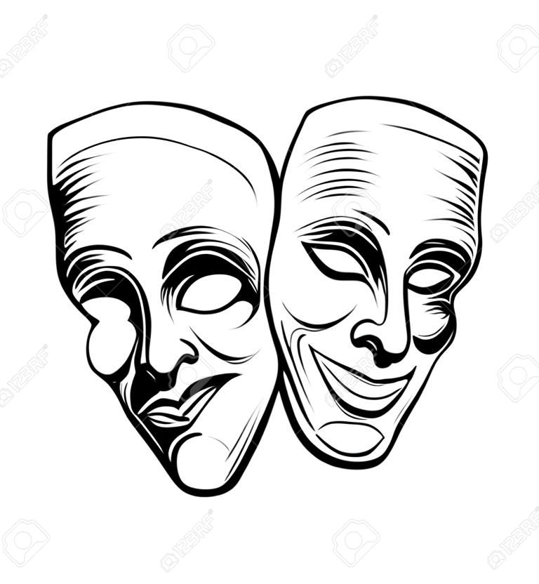 Maski teatralne. Czarno-białe rysunki atramentowe