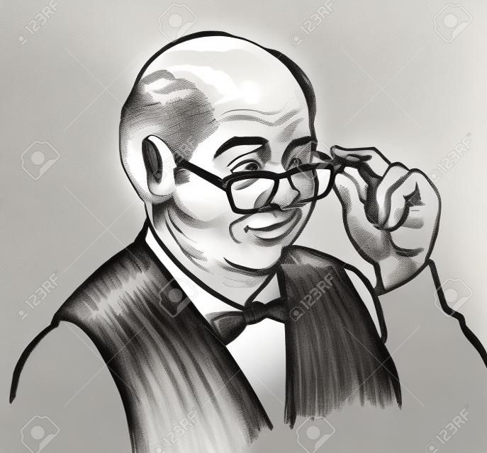 Kale accountant man kijken over glazen. Inkt zwart-wit tekening