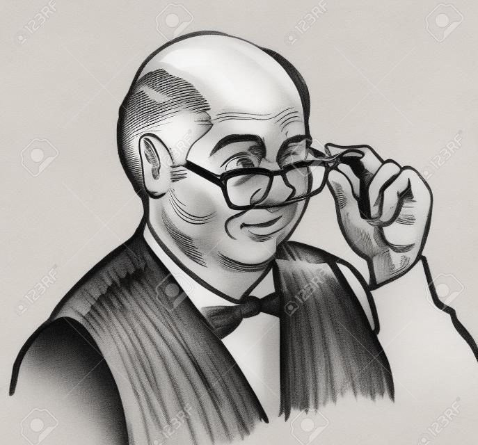 Kale accountant man kijken over glazen. Inkt zwart-wit tekening