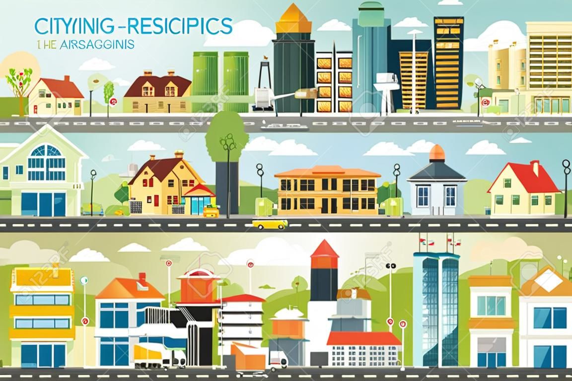 城市生活平面分佈圖矢量設計模板。可用於綠色城市，休閒區，城市建築，工業區，城市交通，郊區，居民，商務中心，學校，醫院。