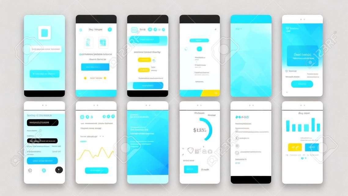Set di schermate UI, UX, GUI Modello di design piatto per app bancarie per app mobili, wireframe di siti Web reattivi.