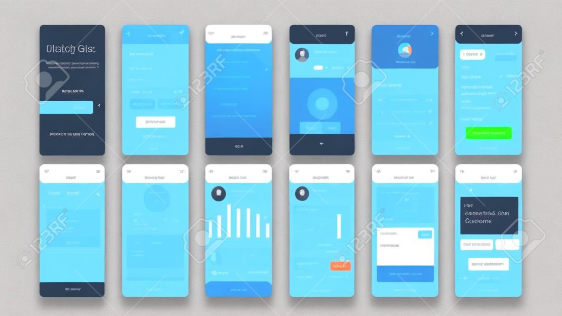 UI, UX, GUI 화면 모바일 앱용 뱅킹 앱 플랫 디자인 템플릿, 반응형 웹 사이트 와이어프레임 세트.