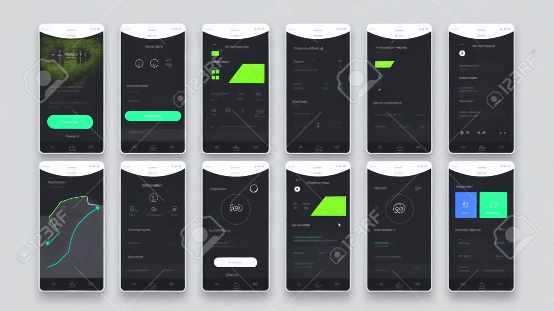 Set di schermate UI, UX, GUI Modello di design piatto per app fitness per app mobili, wireframe di siti Web reattivi.
