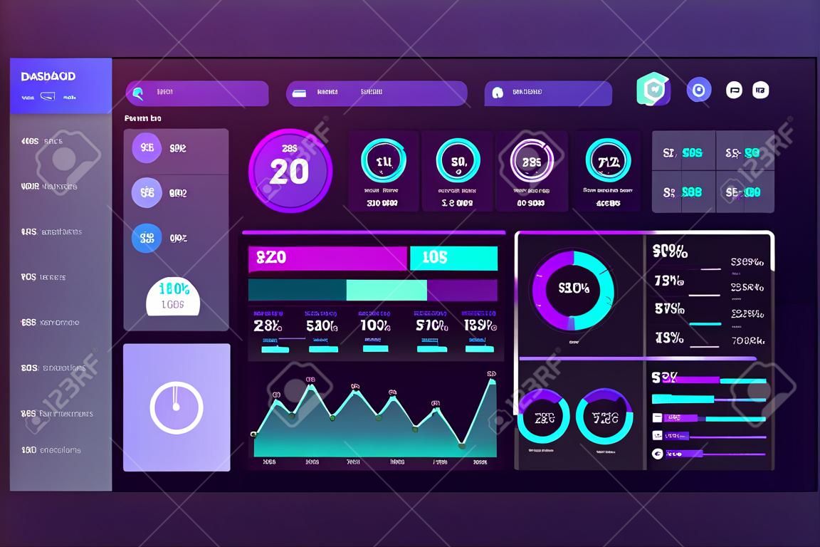 Dashboard UI. Admin panel vector design template with infographic elements, HUD diagram, info graphics. Website dashboard for UI and UX design web page. Dark style. Vector illustration.
