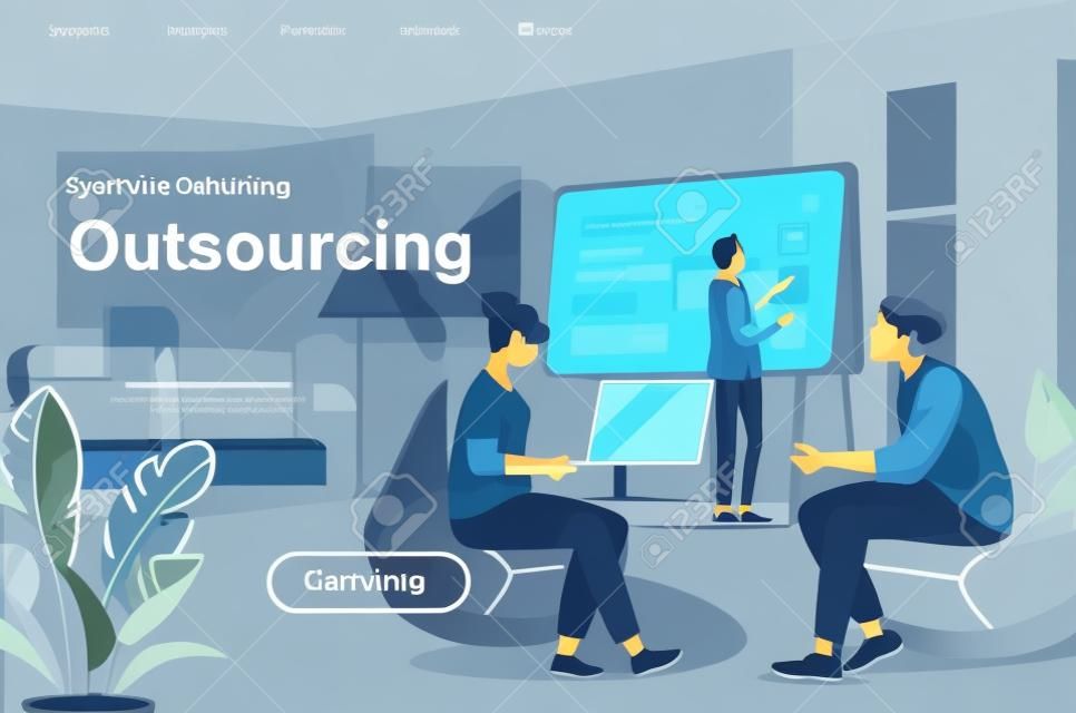 Outsourcing service isometric landing page. Developer and designer working with laptop in office website template. Professional and qualified outside resourcing perspective flat vector illustration.