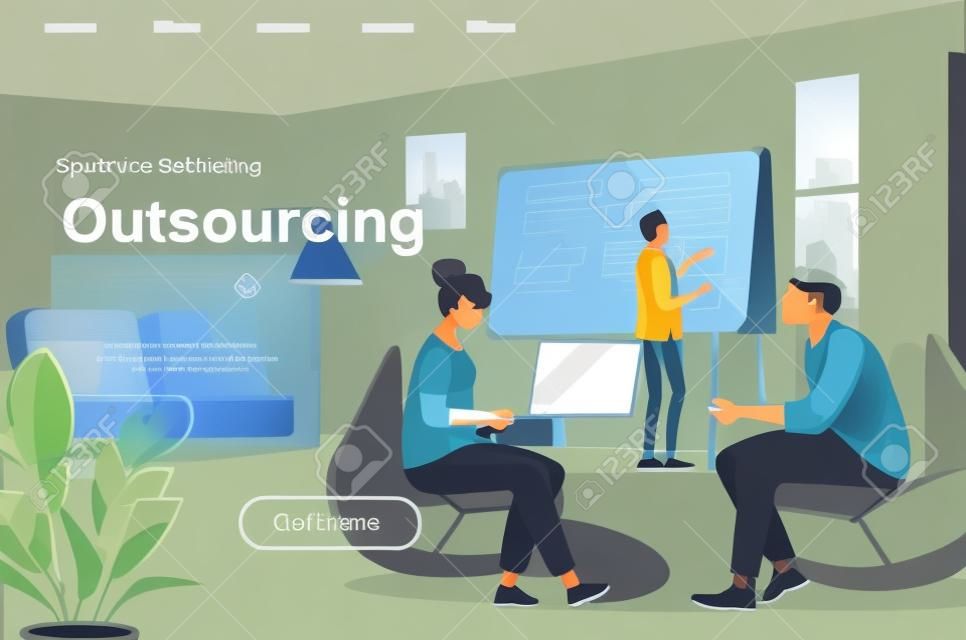 Outsourcing service isometric landing page. Developer and designer working with laptop in office website template. Professional and qualified outside resourcing perspective flat vector illustration.