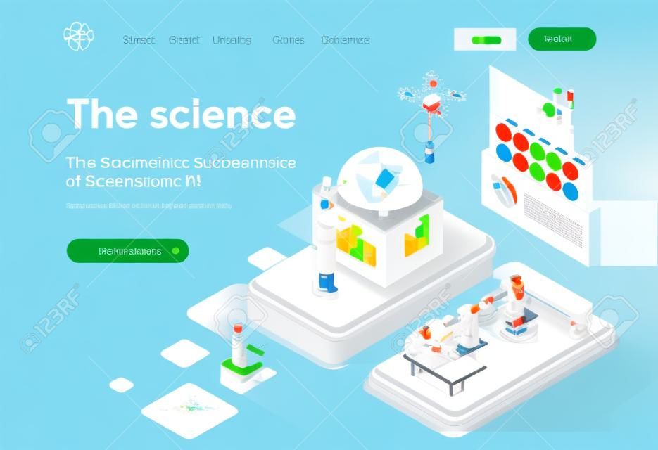 The science isometric landing page. Scientific research and development, high technology in pharma industry. Science laboratory template for CMS and website. Isometry scene with people characters.