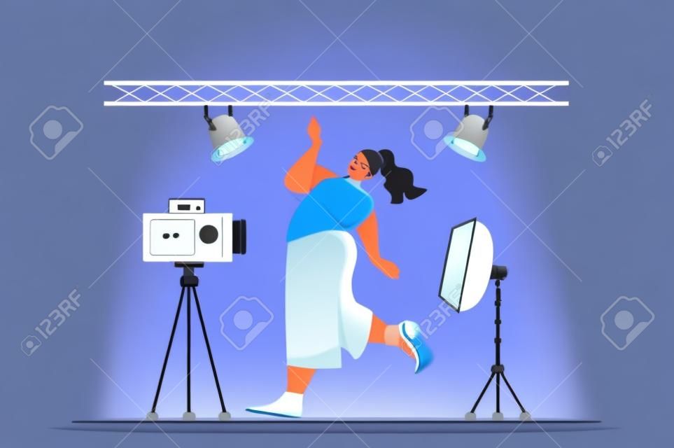 Photo studio concept for web banner. Woman model posing for shoots in professional studio with lighting lamps modern person scene. Vector illustration in flat cartoon design with people characters