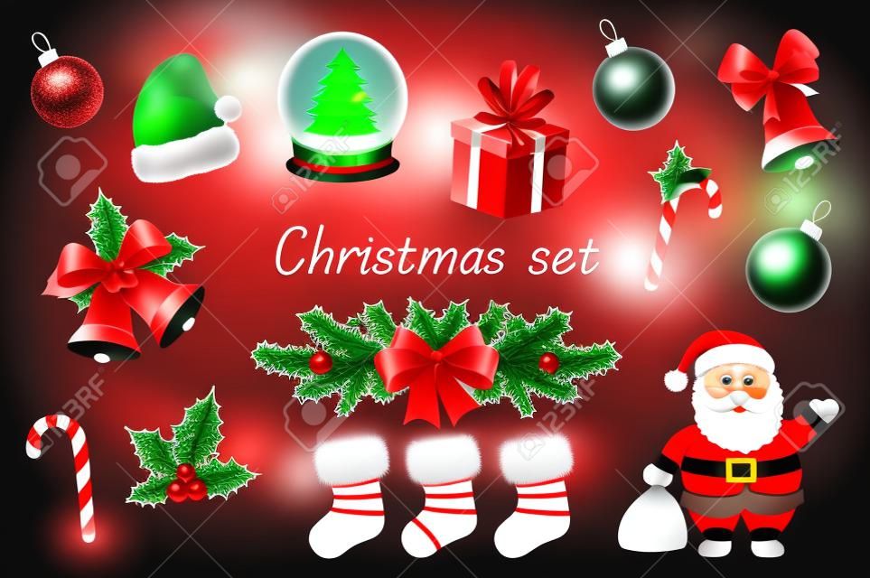 クリスマスの装飾とシンボルの3Dリアルなセット。おもちゃのボールの束、サンタクロース、木とガラスのスノードーム、ギフトボックス、ベル、花輪、ヒイラギ、靴下、その他の分離型エレメント。