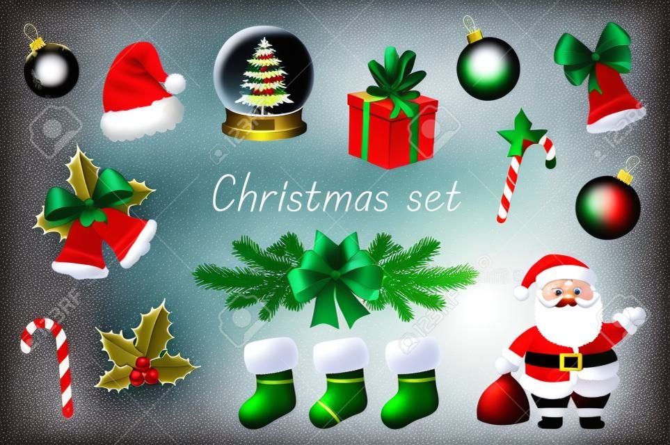 Christmas decor and symbols 3d realistic set. Bundle of toy balls, Santa Claus, glass snow globe with tree, gift box, bell, wreath, holly, socks and other isolated elements.Vector illustration