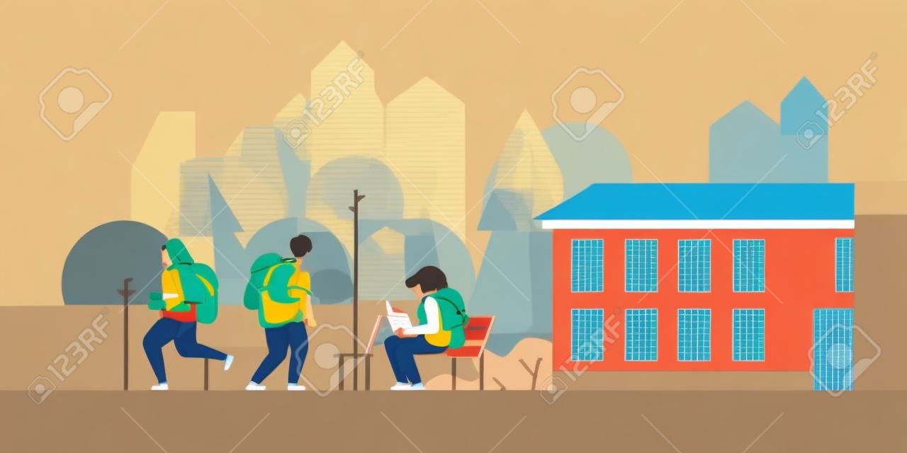 Children reading books outside of school building. Pupils or schoolmates with textbooks studying outdoors. Young boys and girls with backpacks on city street. Flat illustration.