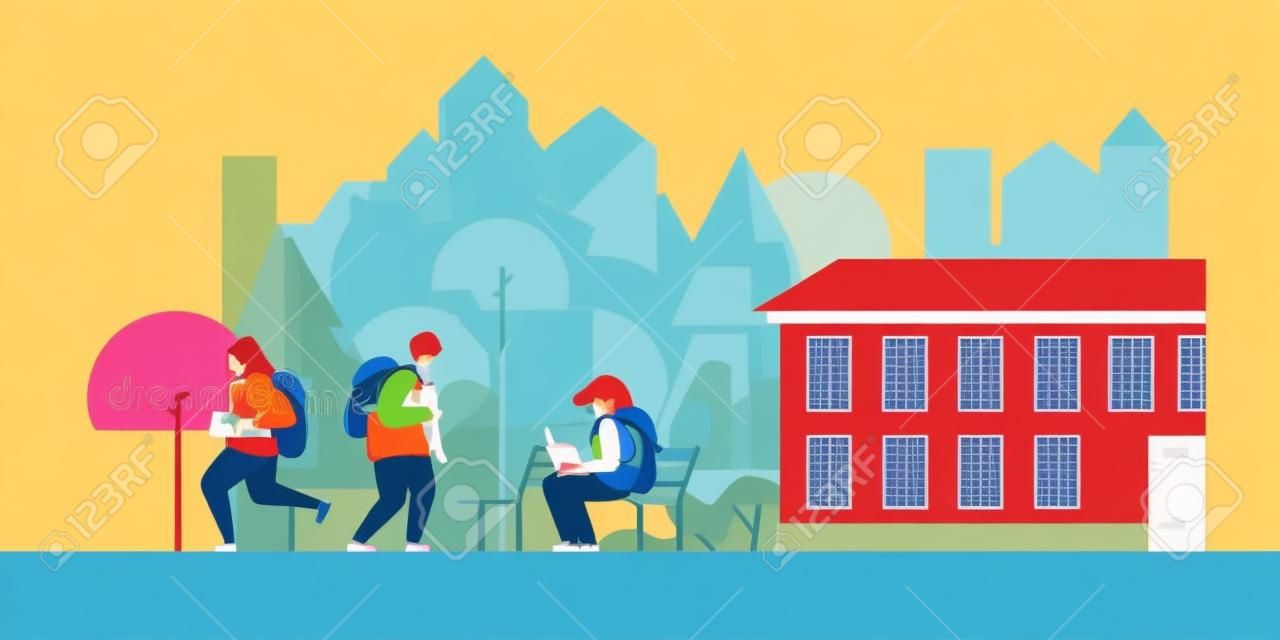 Children reading books outside of school building. Pupils or schoolmates with textbooks studying outdoors. Young boys and girls with backpacks on city street. Flat illustration.