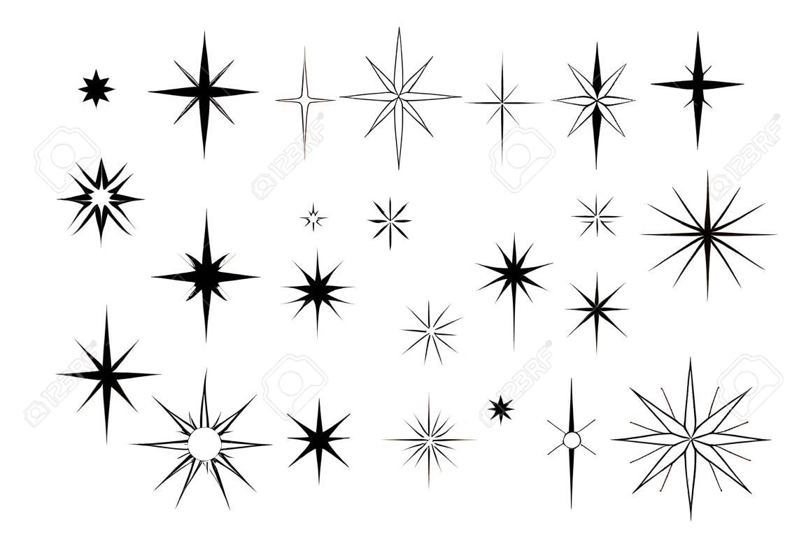 Liniensterne setzen grafische Elemente in einem flachen Designbündel minimalistischer linearer schwarzer Symbole der sternenklaren Nacht, Sternschnuppenfeuerwerk am Himmel, Weihnachtsdekorationen, Vektorillustration, isolierte Objekte