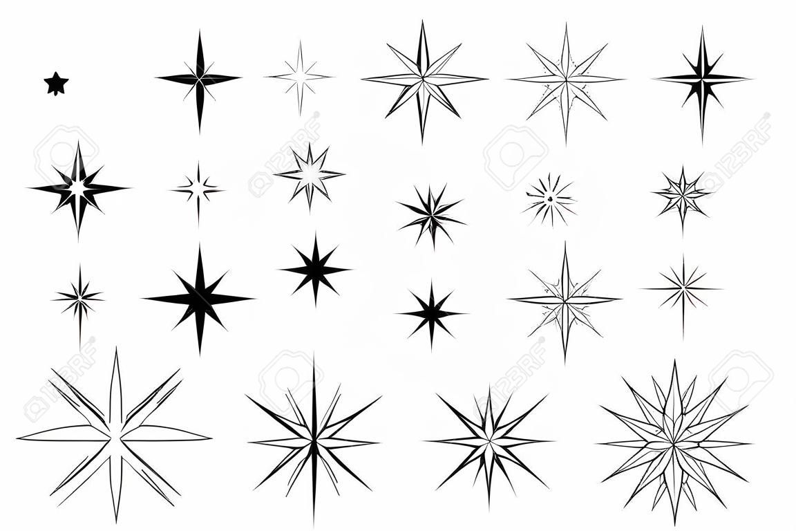 Liniensterne setzen grafische Elemente in einem flachen Designbündel minimalistischer linearer schwarzer Symbole der sternenklaren Nacht, Sternschnuppenfeuerwerk am Himmel, Weihnachtsdekorationen, Vektorillustration, isolierte Objekte
