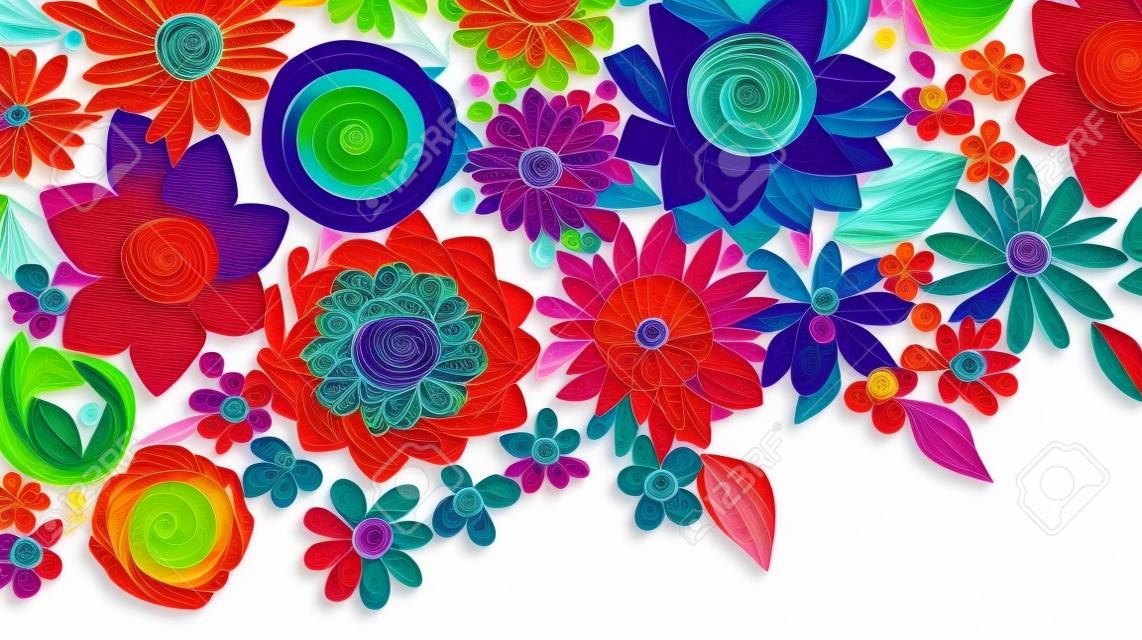 Sfondo astratto con carta colorata tagliata diversi tipi di fiori e foglie ornamenti quilling con bouquet fiorito sfondo botanico illustrazione orizzontale per banner design ai generativa
