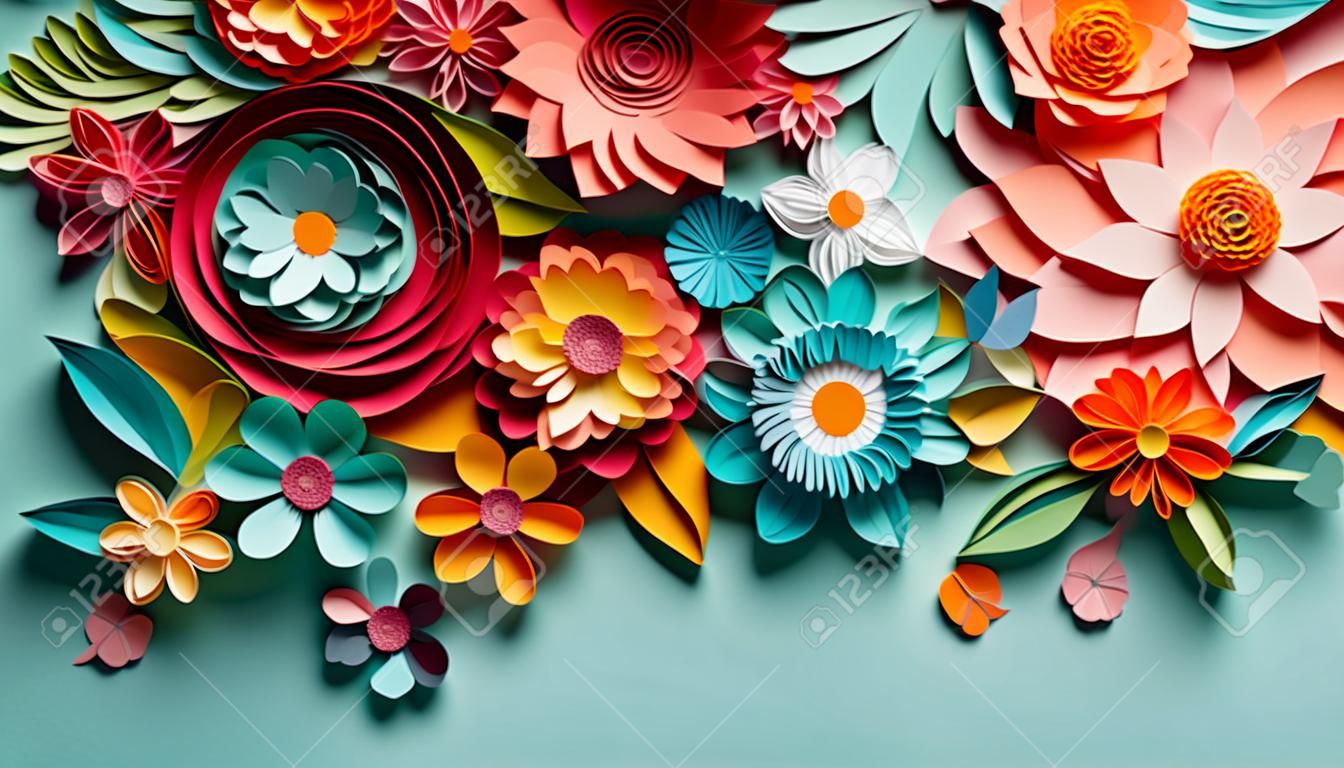 Abstrakter Hintergrund mit buntem Papierschnitt verschiedener Arten von Blumen und Blättern, Quilling-Ornamenten mit blühendem Blumenstrauß, botanischem Hintergrund, horizontale Illustration für Bannerdesign, generative KI