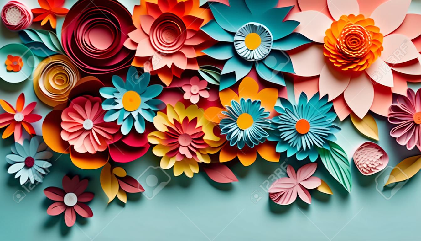Abstrakter Hintergrund mit buntem Papierschnitt verschiedener Arten von Blumen und Blättern, Quilling-Ornamenten mit blühendem Blumenstrauß, botanischem Hintergrund, horizontale Illustration für Bannerdesign, generative KI