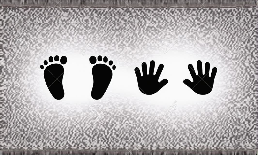 Icona delle stampe del piede e della mano del bambino. Vettore su sfondo bianco isolato.