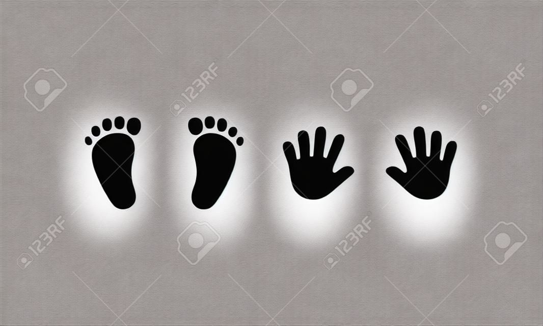 Icona delle stampe del piede e della mano del bambino. Vettore su sfondo bianco isolato.