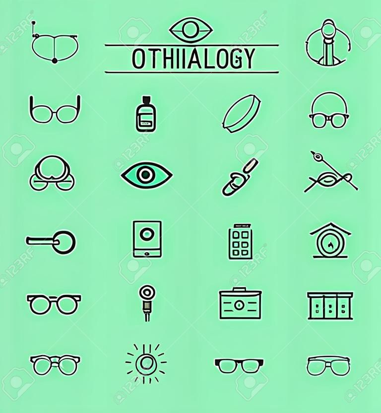 Big set of symbols of ophthalmology, vision care thin line icons. Vector illustration.