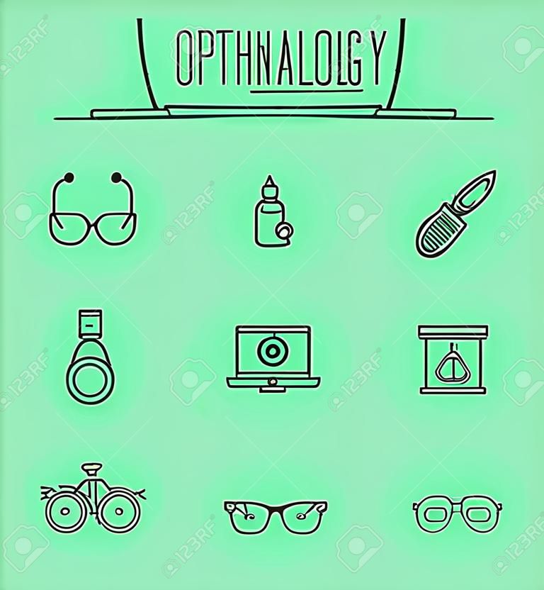Grand ensemble de symboles de l'ophtalmologie, icônes de fine ligne de soins de la vision. Illustration vectorielle