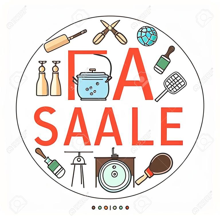 Garage sale or flea market concept in circle with text inside. Thin line vector illustration.